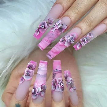 3D длинные накладные ногти аксессуары розовые фиолетовые розовые цветы дизайны матовые французские кончики гробов искусственные онглы пресс на накладные ногти