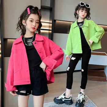 4-15 розовый зеленый фиолетовый хлопок дети девочки джинсовая куртка осень однотонная детская мода подростки девушка короткое пальто одежда