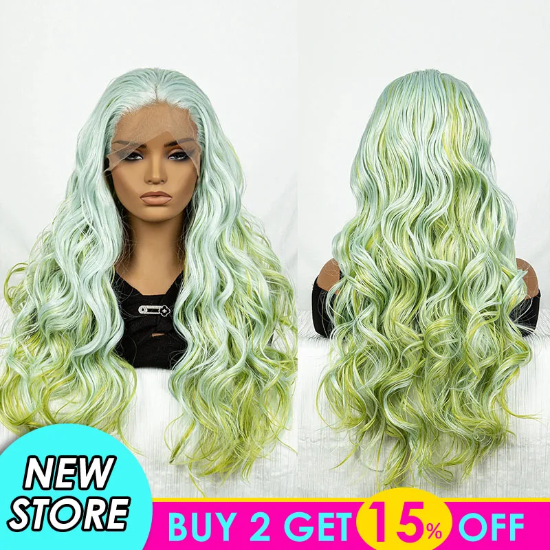 Синтетический градиентный зеленый парик 13x3 Кружевной передний волнистый парик для волос 30-дюймовый парик с волнистыми волосами - 0