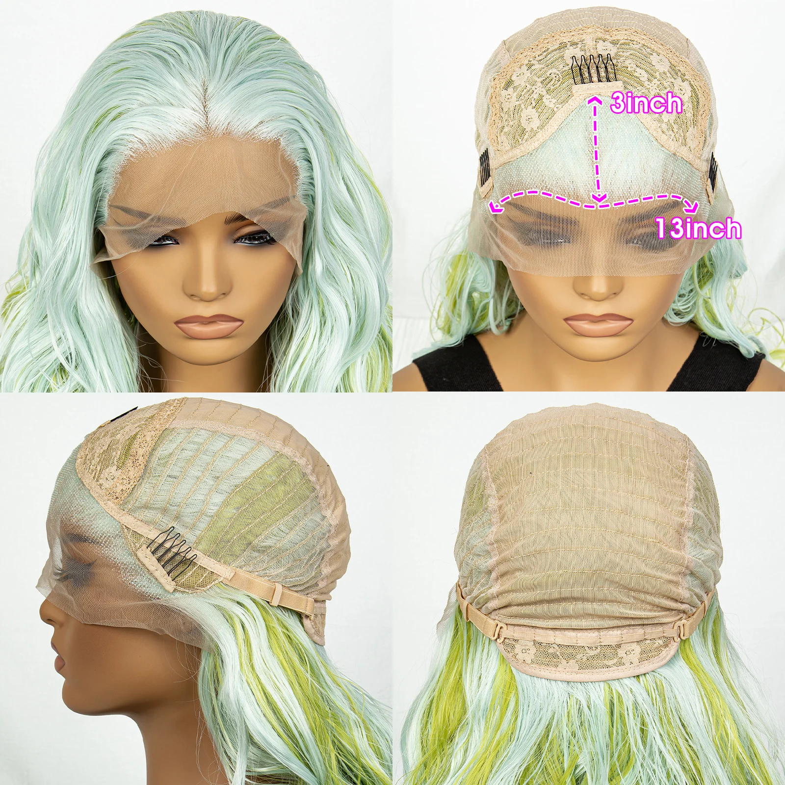 Синтетический градиентный зеленый парик 13x3 Кружевной передний волнистый парик для волос 30-дюймовый парик с волнистыми волосами - 1