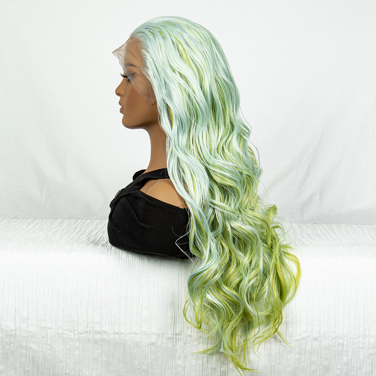 Синтетический градиентный зеленый парик 13x3 Кружевной передний волнистый парик для волос 30-дюймовый парик с волнистыми волосами - 3