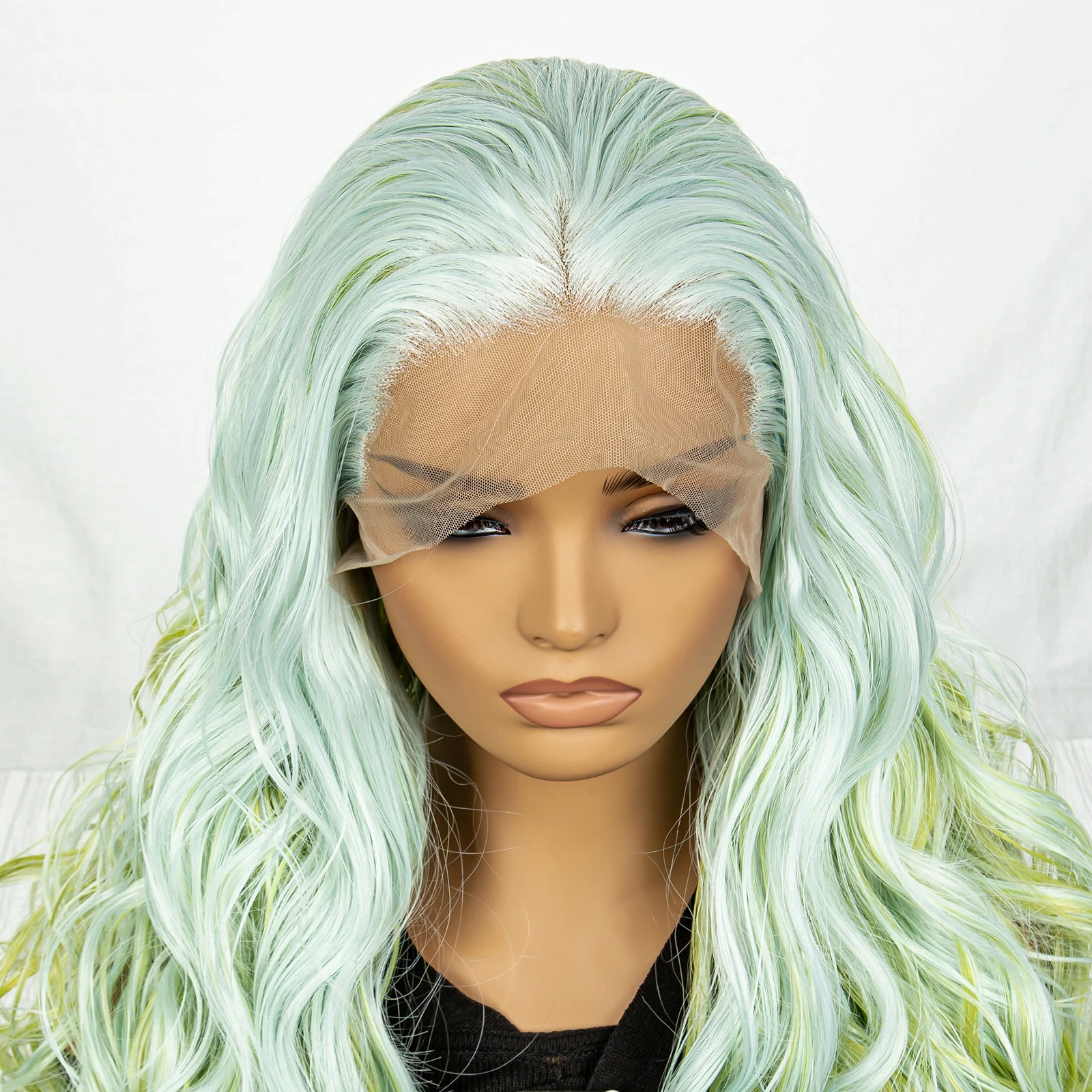 Синтетический градиентный зеленый парик 13x3 Кружевной передний волнистый парик для волос 30-дюймовый парик с волнистыми волосами - 4
