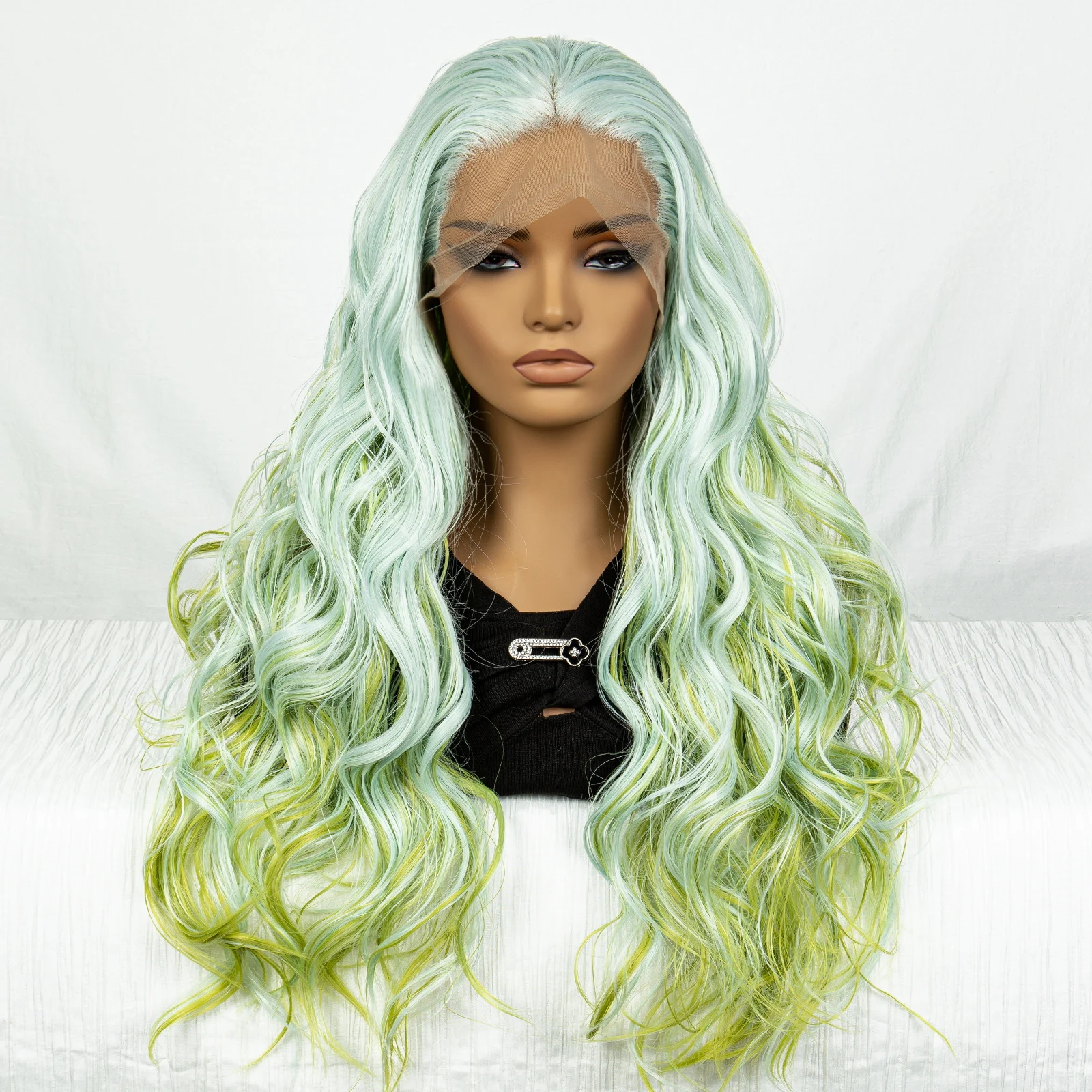 Синтетический градиентный зеленый парик 13x3 Кружевной передний волнистый парик для волос 30-дюймовый парик с волнистыми волосами - 5