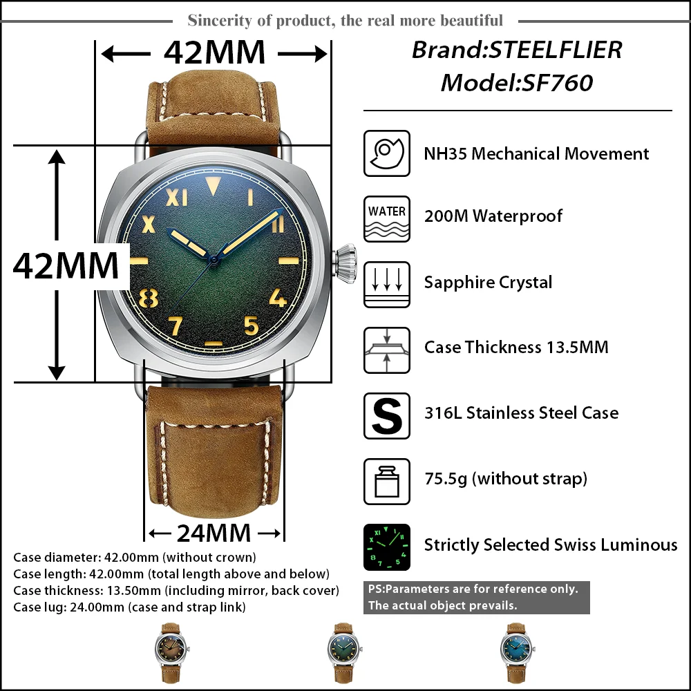 STEELFLIER SF760 Мужские автоматические стальные часы Зеленый светящийся циферблат Сапфировое стекло 200M Водонепроницаемые NH35 Movt Механические наручные часы - 1