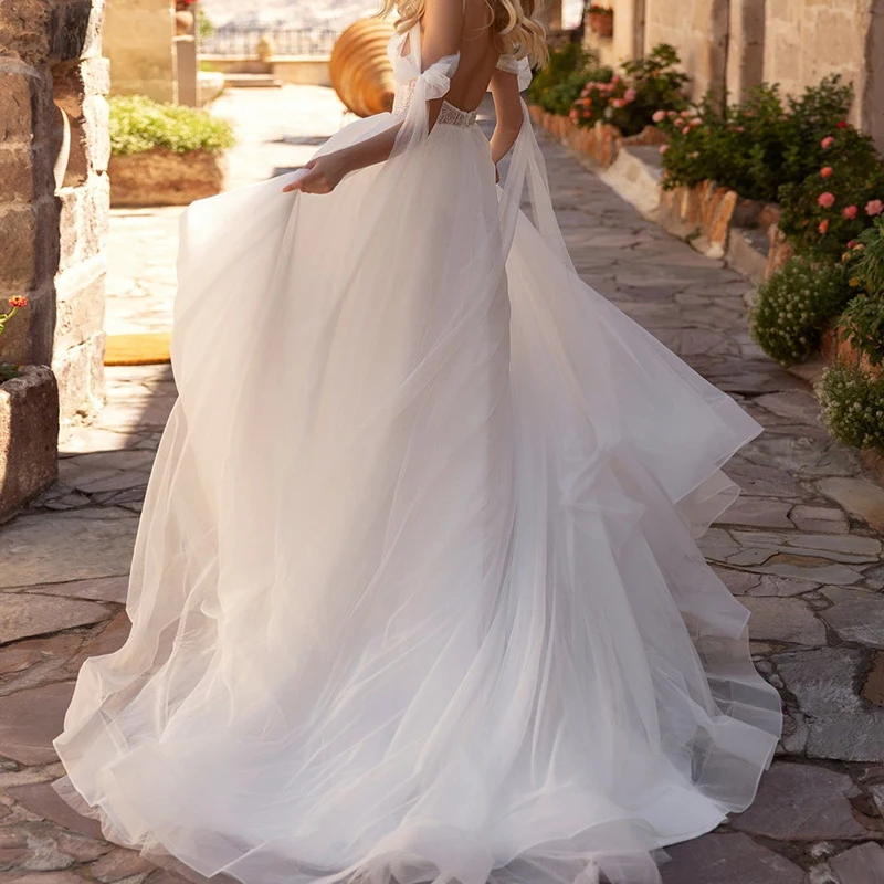 2023 Элегантное белое бальное свадебное платье Спагетти Ремешок Глубокий V-образный вырез Кружевные аппликации Тюль Свадебное длинное платье vestido de novia encaje - 2