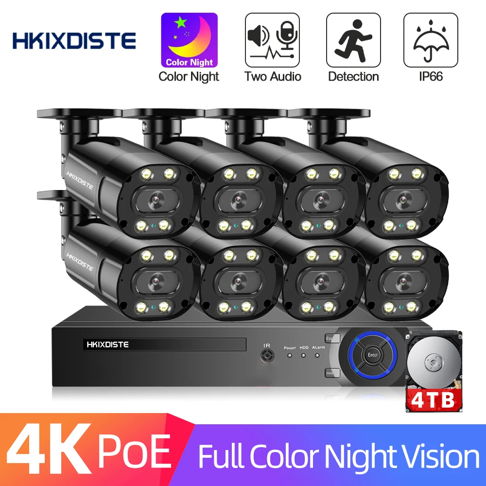 8MP Система камер безопасности 8CH POE NVR Kit Уличный водонепроницаемый двухсторонний аудио цветной набор видеонаблюдения ночного видения - 0