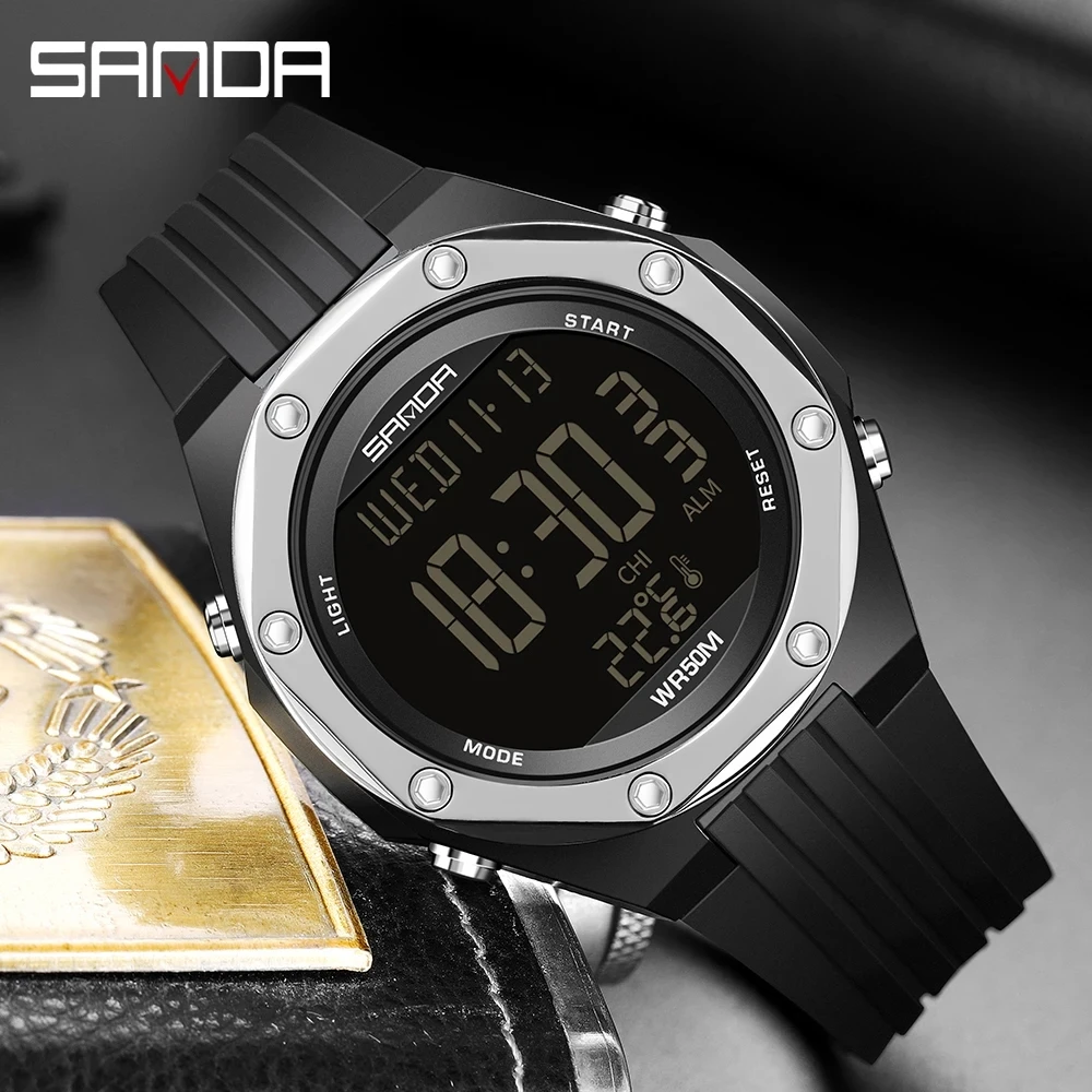 SANDA 6028 Мужские электронные часы Креативный экологический термометр Спорт на открытом воздухе Цифровые силиконовые наручные часы для мужчин - 0