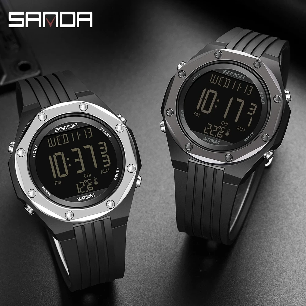 SANDA 6028 Мужские электронные часы Креативный экологический термометр Спорт на открытом воздухе Цифровые силиконовые наручные часы для мужчин - 1