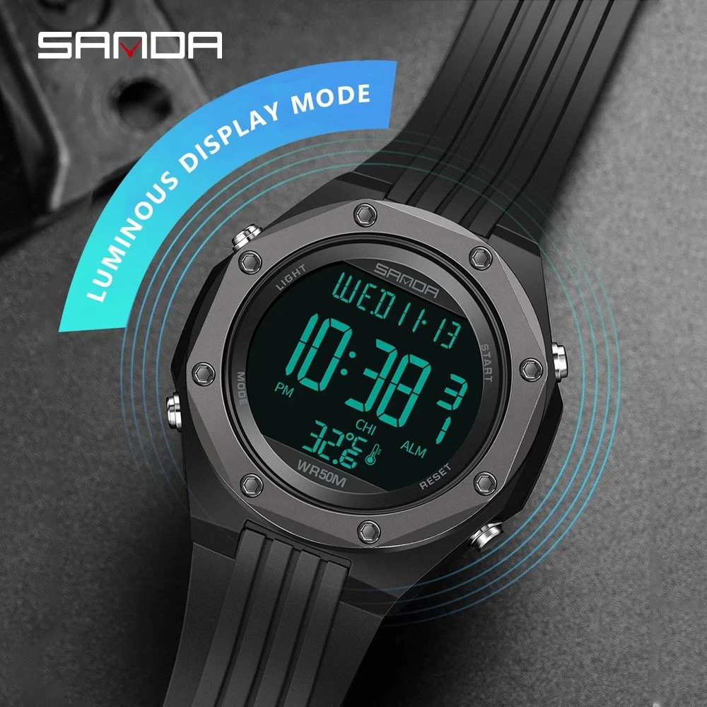 SANDA 6028 Мужские электронные часы Креативный экологический термометр Спорт на открытом воздухе Цифровые силиконовые наручные часы для мужчин - 2