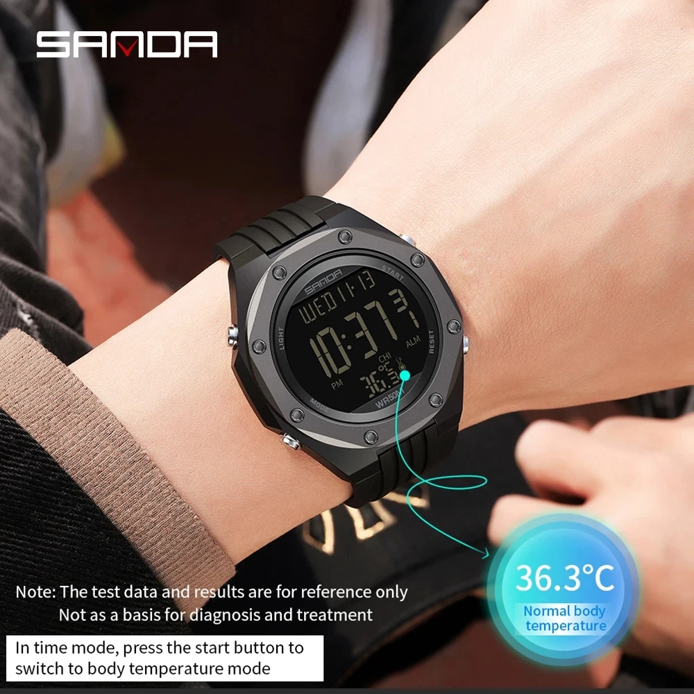 SANDA 6028 Мужские электронные часы Креативный экологический термометр Спорт на открытом воздухе Цифровые силиконовые наручные часы для мужчин - 3