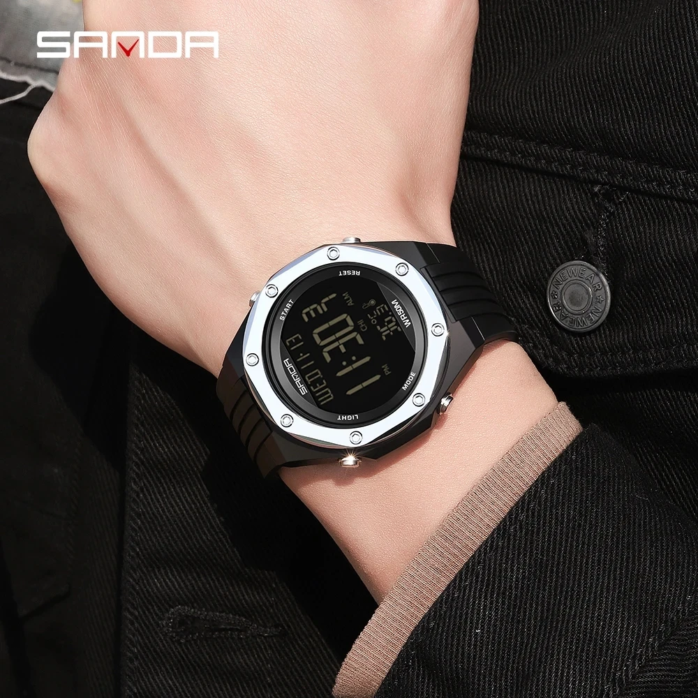 SANDA 6028 Мужские электронные часы Креативный экологический термометр Спорт на открытом воздухе Цифровые силиконовые наручные часы для мужчин - 4