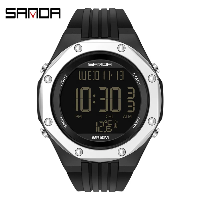 SANDA 6028 Мужские электронные часы Креативный экологический термометр Спорт на открытом воздухе Цифровые силиконовые наручные часы для мужчин - 5