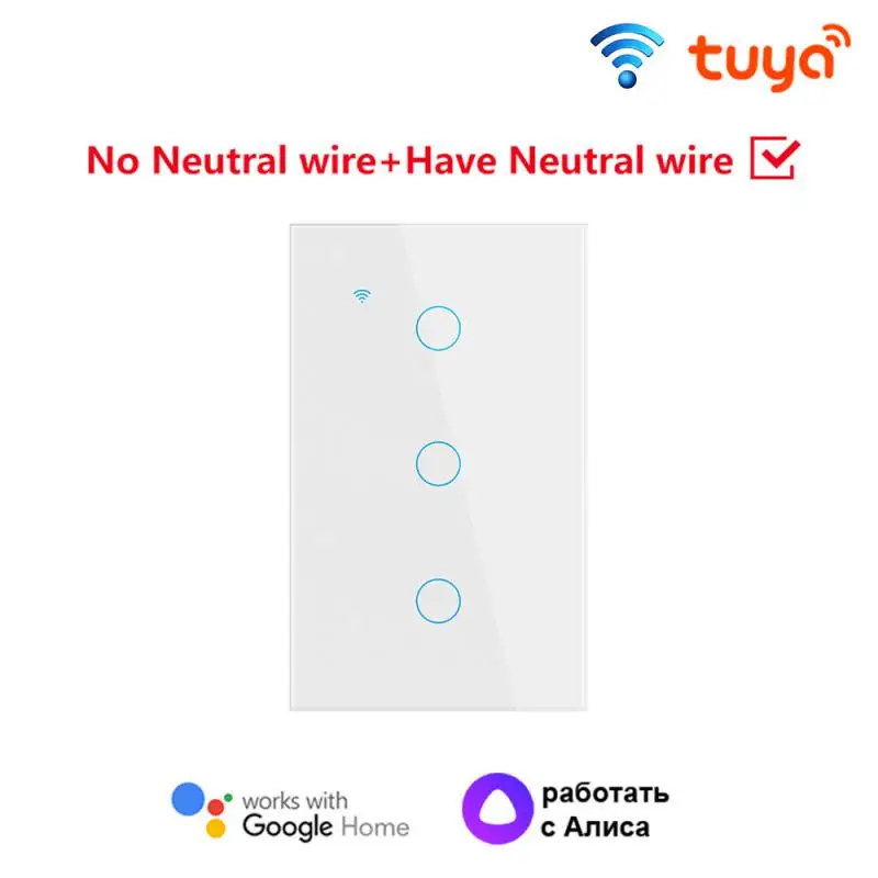 Tuya WiFi Умный выключатель света США Нейтральный провод / Нет Нулевой провод Требуется Настенный сенсорный переключатель типа 120 Работа с Alexa, Home - 0