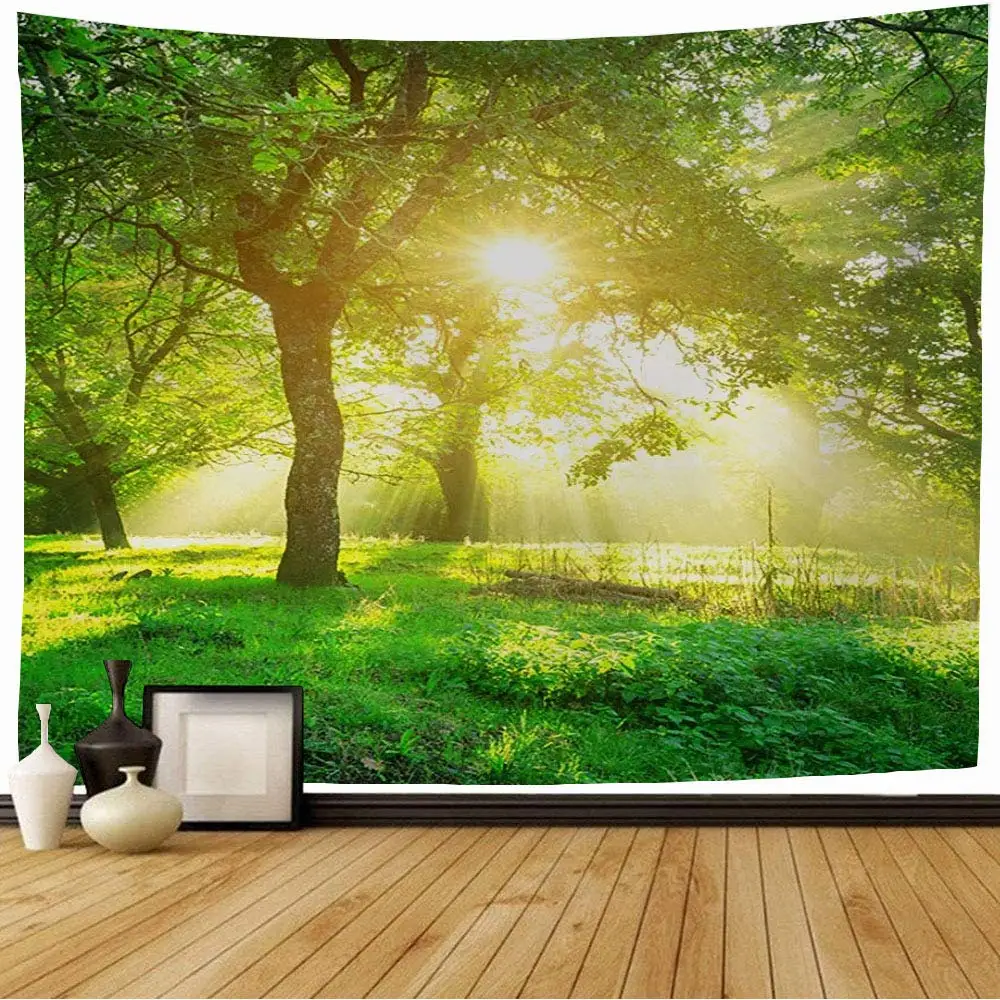 Лесной гобелен Утренний солнечный свет Зеленые деревья Гобелен Природа Пейзаж Гобелен Настенное Искусство Для Спальни Гостиная Общежитие Декор - 4