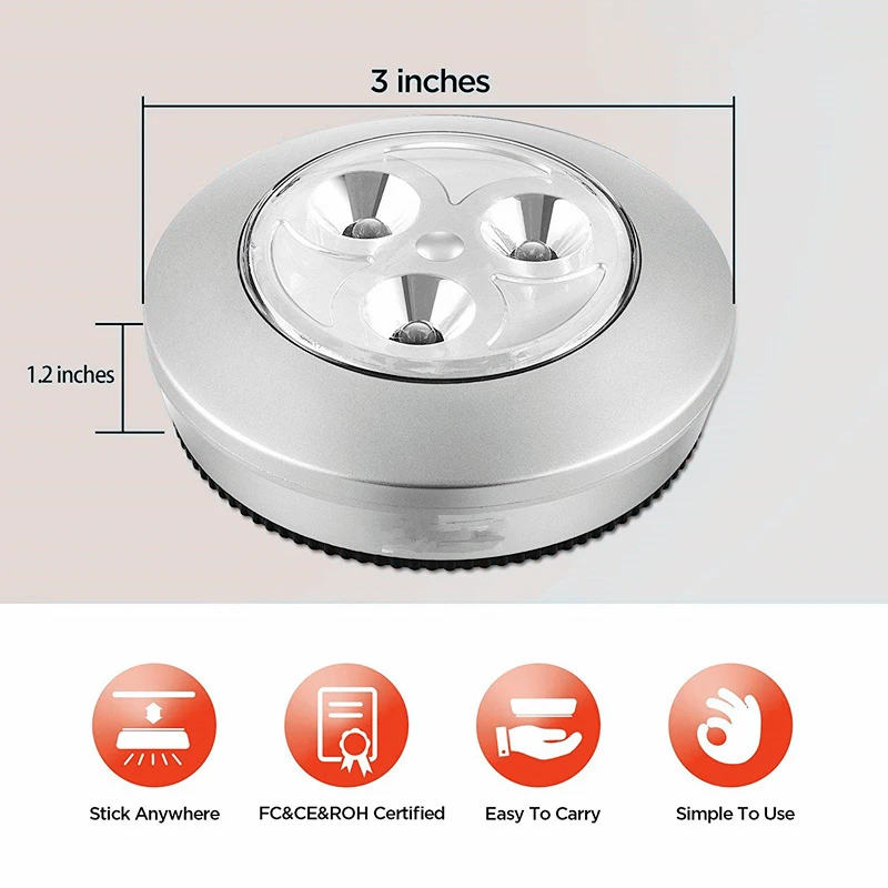 5 Pack LED Беспроводная ночная лампа с питанием от батареи Stick-On Push Safe Lights Для прихожей, кухни, спальни, ванной комнаты, шкафов - 1