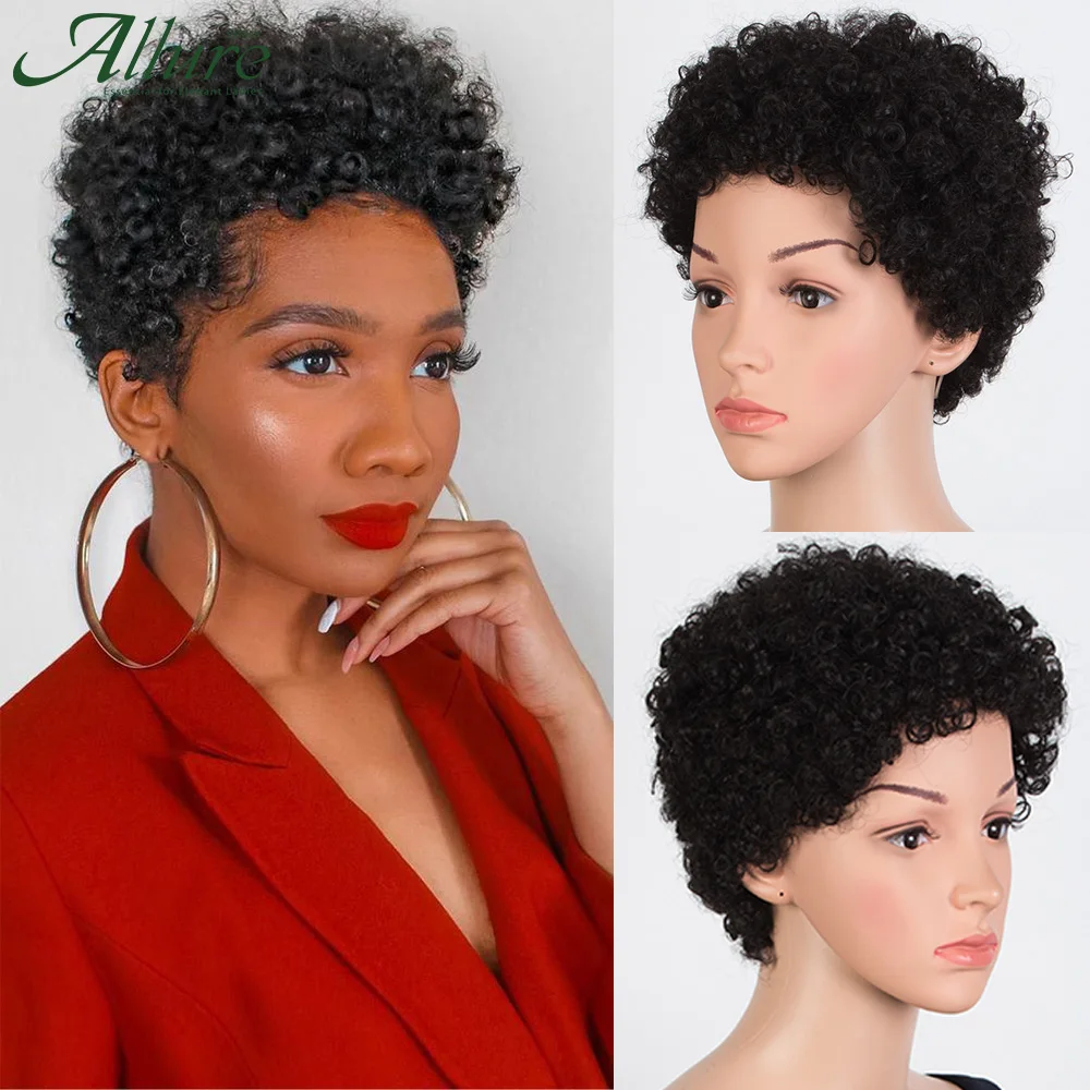 Короткие парики из вьющихся человеческих волос с стрижкой пикси для женщин натуральный черный парик с завитками Jerry Wear to Go Цветные коричневые бразильские парики с волосами Allure - 3