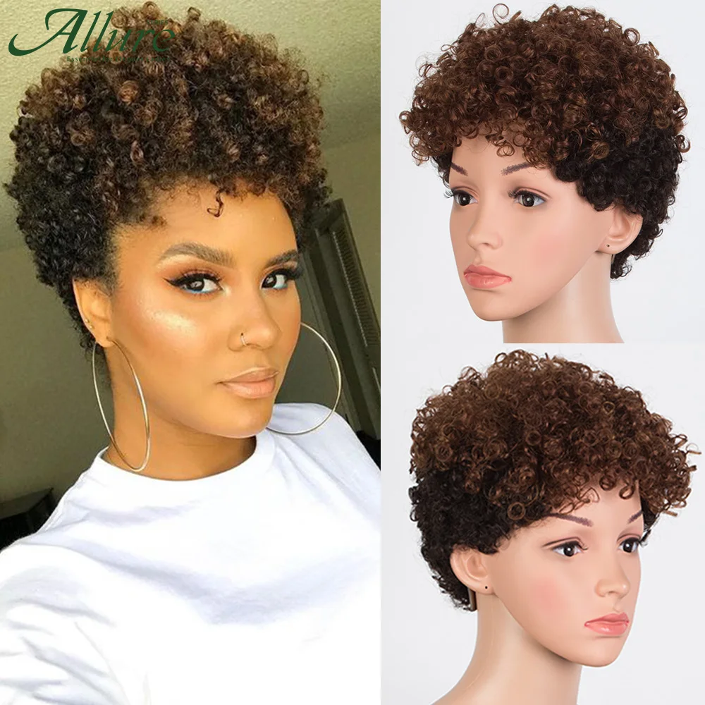Короткие парики из вьющихся человеческих волос с стрижкой пикси для женщин натуральный черный парик с завитками Jerry Wear to Go Цветные коричневые бразильские парики с волосами Allure - 4