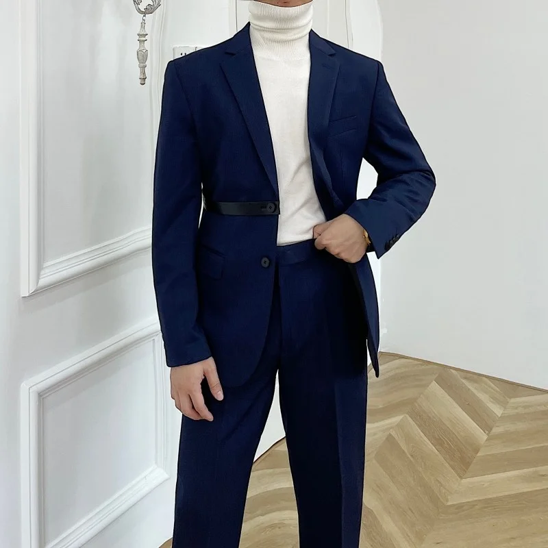 Весна Британский пояс Дизайнерский костюм Костюм из двух частей Свадебная вечеринка Жених Банкет Мужской Костюм Slim Fit Костюм Homme Mariage Royal Blue - 2
