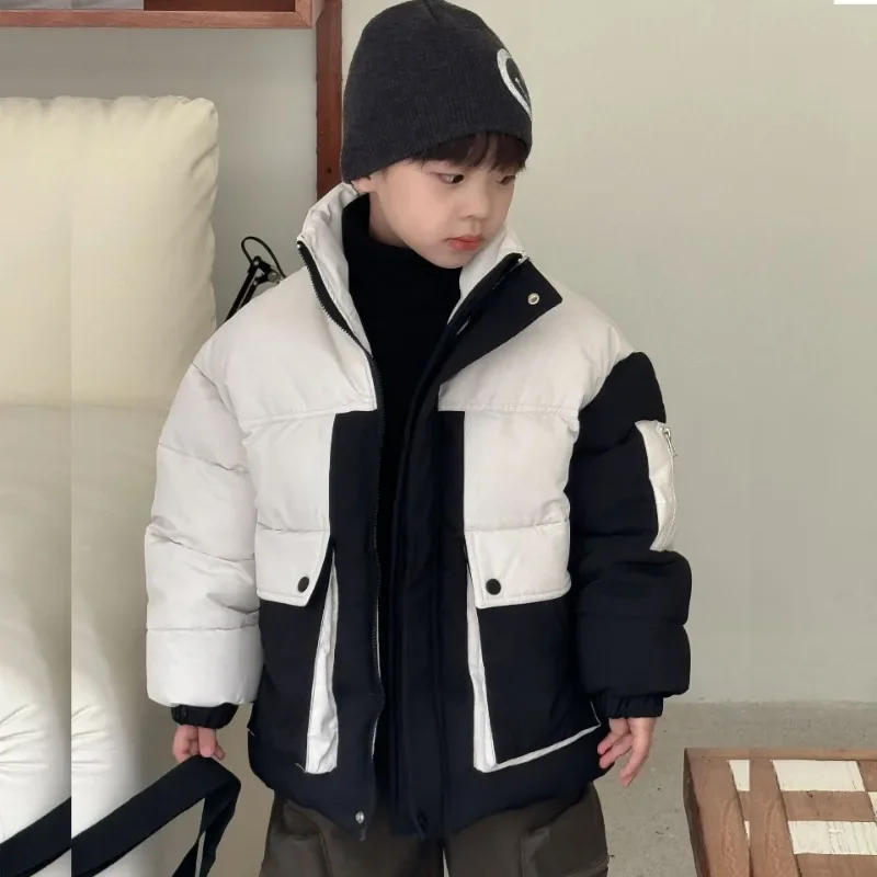 Детская зимняя одежда для мальчиков Корейские дети Черно-белое пальто с большими карманами Утолщенная теплая ветрозащитная куртка - 1