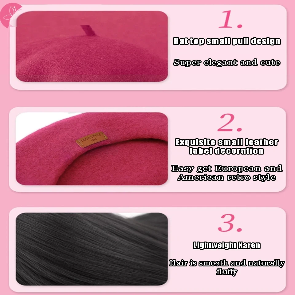 Розовый черный берет парик в британском стиле, модная повседневная одежда, подходящая для всех женщин - 4