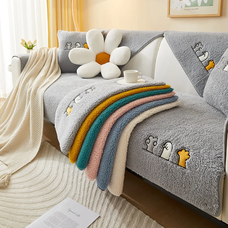 Утолщенная подушка для дивана из овечьей шерсти Four Seasons Nordic Simplicity Нескользящее плюшевое полотенце для защиты дивана для украшения гостиной - 0