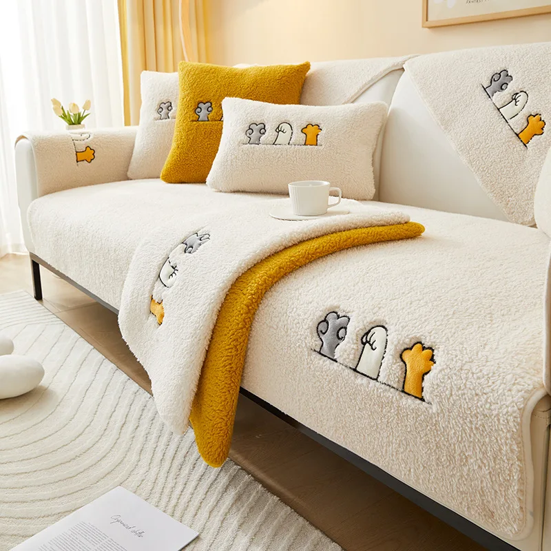 Утолщенная подушка для дивана из овечьей шерсти Four Seasons Nordic Simplicity Нескользящее плюшевое полотенце для защиты дивана для украшения гостиной - 2