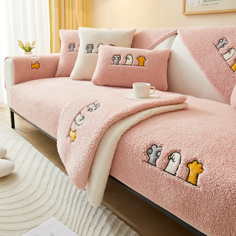 Утолщенная подушка для дивана из овечьей шерсти Four Seasons Nordic Simplicity Нескользящее плюшевое полотенце для защиты дивана для украшения гостиной - 3