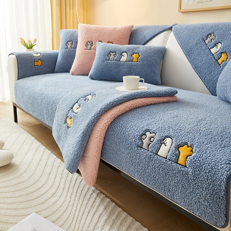 Утолщенная подушка для дивана из овечьей шерсти Four Seasons Nordic Simplicity Нескользящее плюшевое полотенце для защиты дивана для украшения гостиной - 4