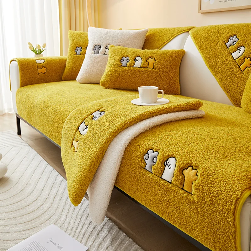 Утолщенная подушка для дивана из овечьей шерсти Four Seasons Nordic Simplicity Нескользящее плюшевое полотенце для защиты дивана для украшения гостиной - 5