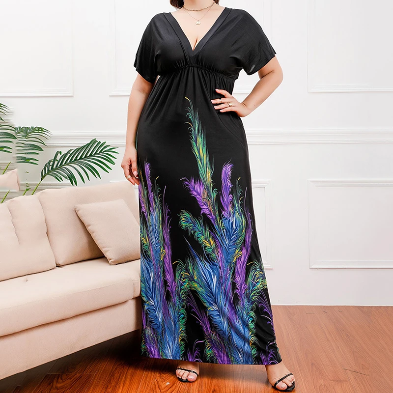 Модное платье с принтом бабочки из перьев для женщин 2023 Новый пляжный сарафан с V-образным вырезом и коротким рукавом Элегантный повседневный богемный Vestidos - 3