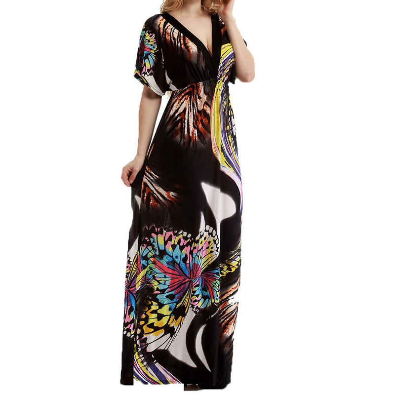 Модное платье с принтом бабочки из перьев для женщин 2023 Новый пляжный сарафан с V-образным вырезом и коротким рукавом Элегантный повседневный богемный Vestidos - 4