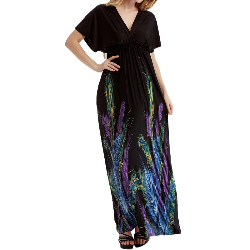 Модное платье с принтом бабочки из перьев для женщин 2023 Новый пляжный сарафан с V-образным вырезом и коротким рукавом Элегантный повседневный богемный Vestidos - 5