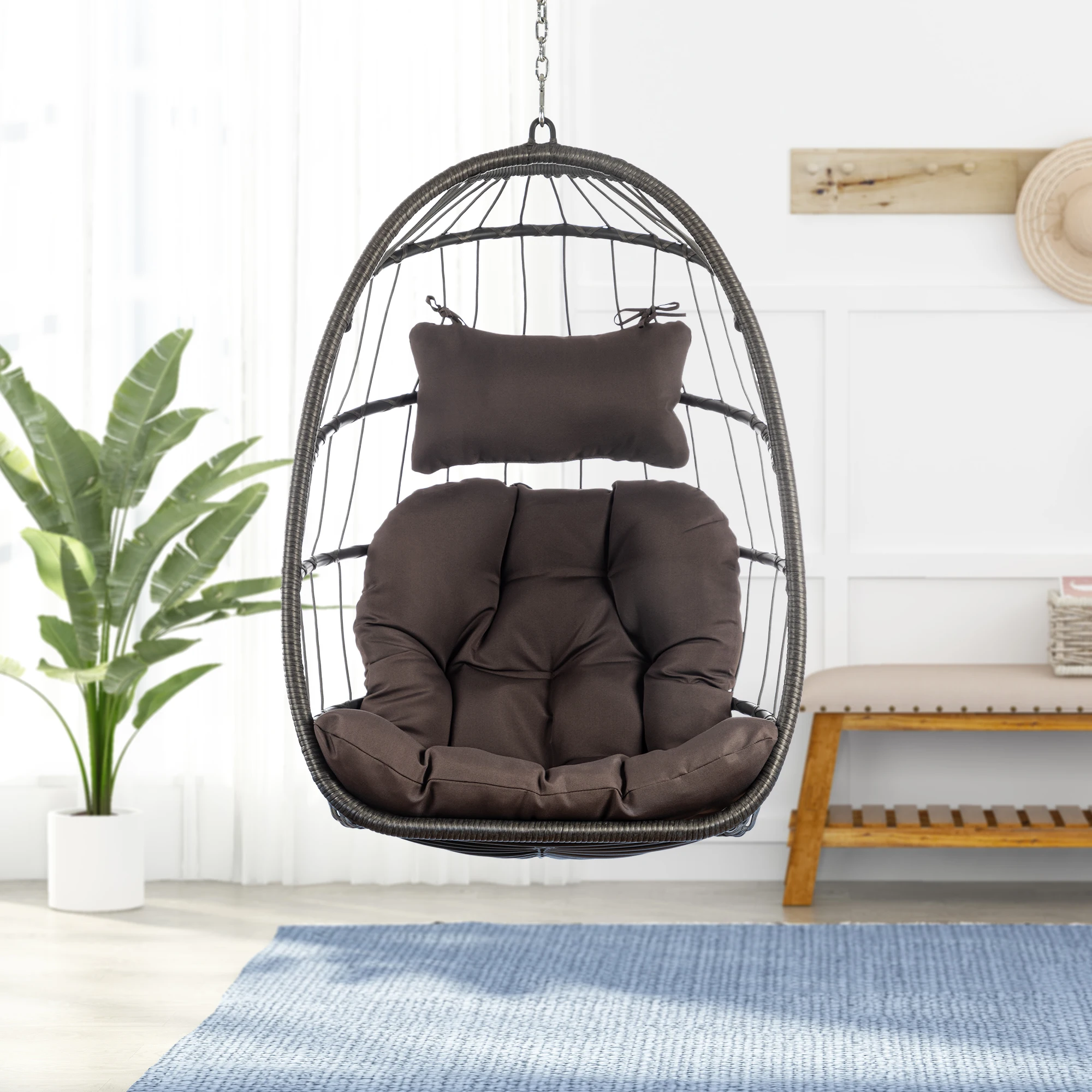 Открытый плетеный стул из ротанга Стул-гамак Подвесное кресло с алюминиевой рамой и темно-серой подушкой без подставки - 0