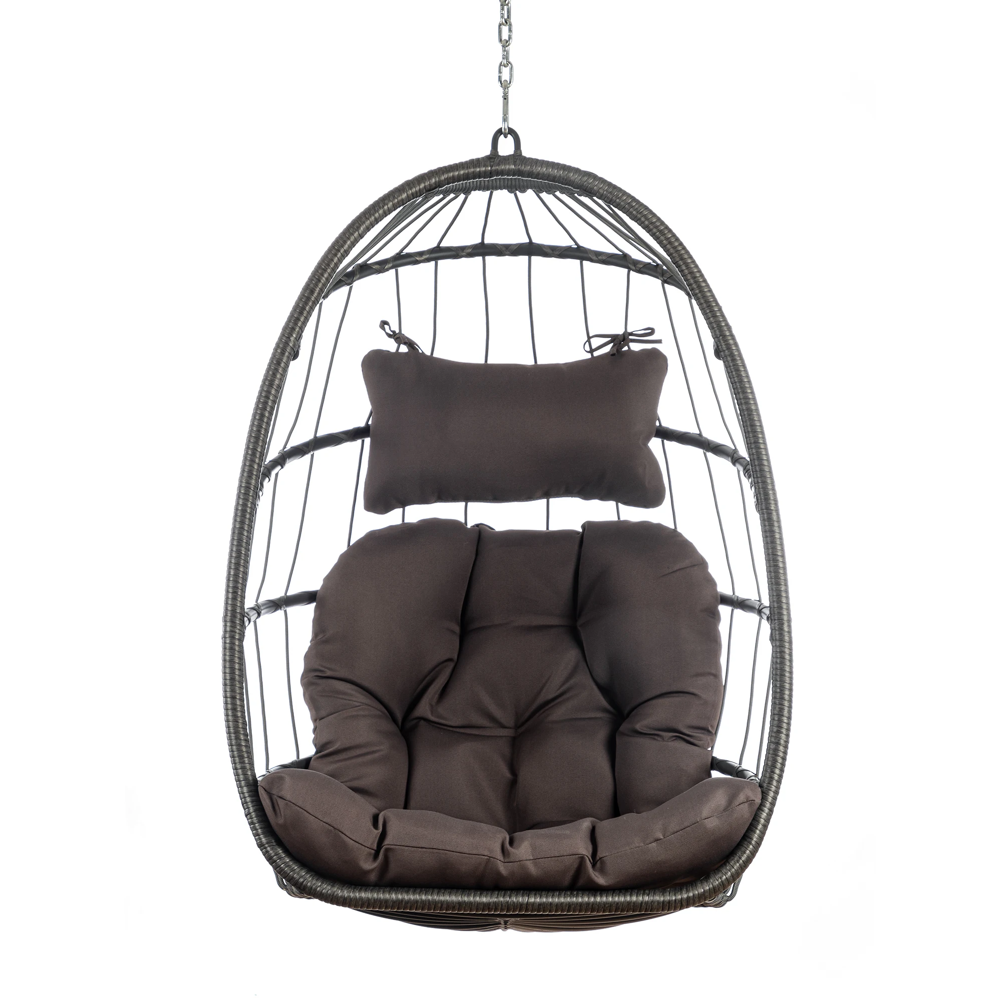 Открытый плетеный стул из ротанга Стул-гамак Подвесное кресло с алюминиевой рамой и темно-серой подушкой без подставки - 1