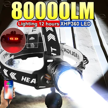 80000LM Мощный налобный фонарь USB Перезаряжаемая фара Фонарик Светодиодный налобный фонарь с большой апертурой XHP360 Кемпинг Рыбацкая голова Фонарь
