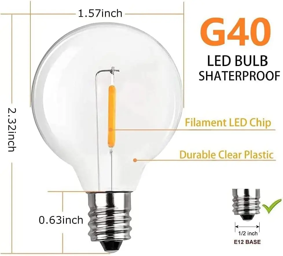  Светодиодные лампы 2700K Теплый белый 1 Вт G40 Светодиодные лампы на открытом воздухе, небьющиеся водонепроницаемые для струнных светильников на солнечных батареях E12 Edition 3V - 4