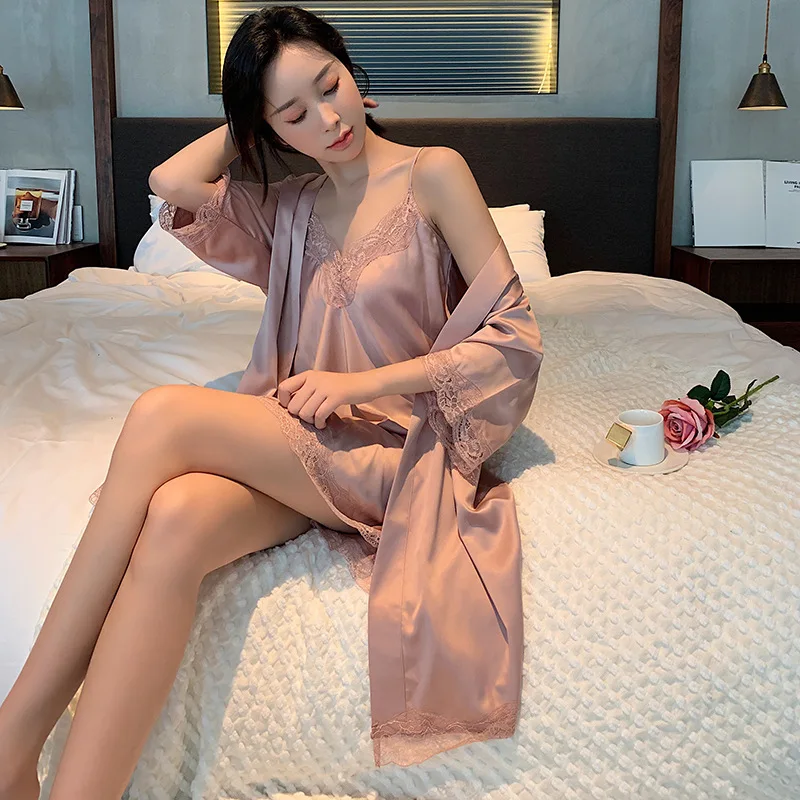 Розовое кружево 2 шт. Женские пижамные комплекты Сексуальная ночная рубашка с V-образным вырезом Кимоно Невеста Одевание Банное платье M-XL Вискозная пижама Летнее домашнее платье - 2