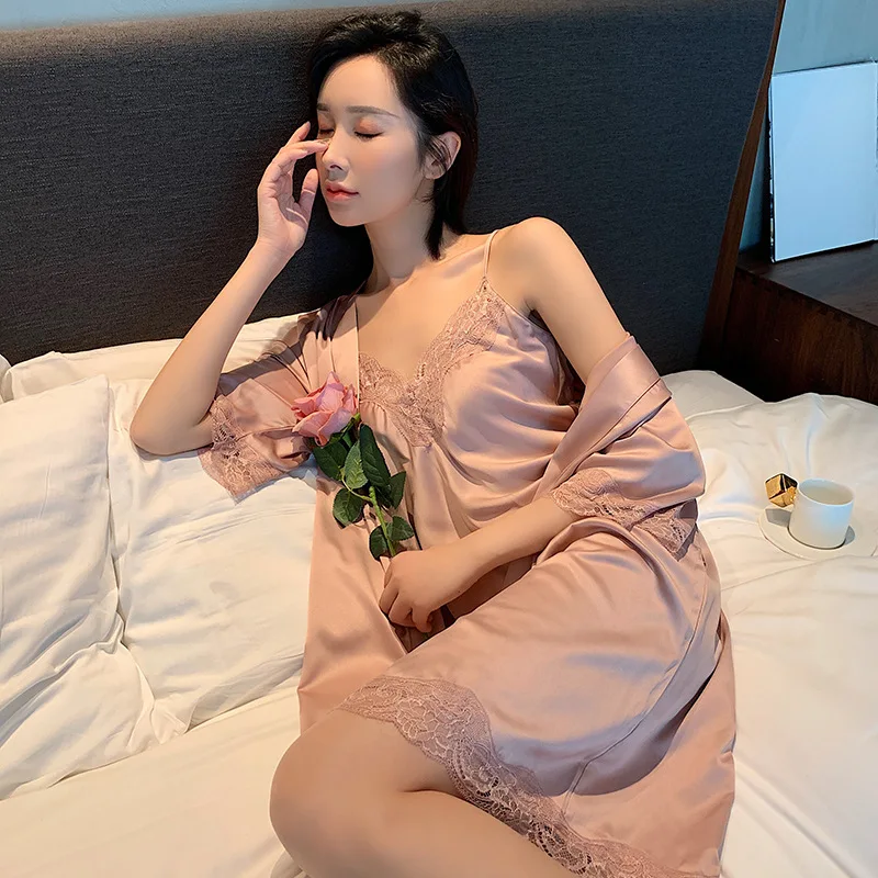Розовое кружево 2 шт. Женские пижамные комплекты Сексуальная ночная рубашка с V-образным вырезом Кимоно Невеста Одевание Банное платье M-XL Вискозная пижама Летнее домашнее платье - 4