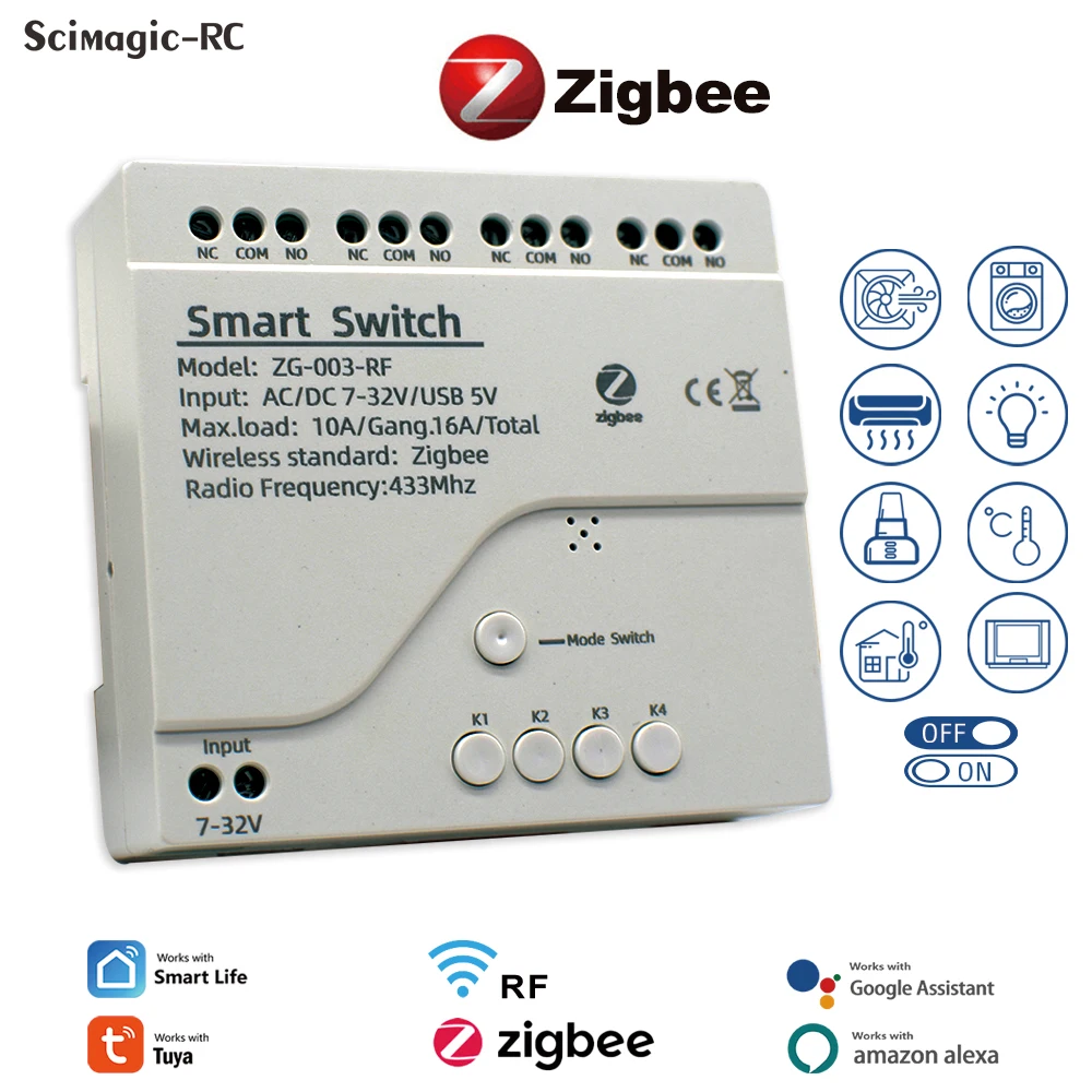 ZigBee 3.0 Беспроводной модуль интеллектуального выключателя света Tuya 5/12/32/110 В RF433 Приемник Автоматизация сцены 1/2/4-канальный переключатель Smart Life Alexa - 0
