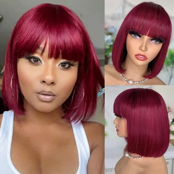 99J бордовый короткий парик боб с челкой прямые волосы боб парики бразильский парик из человеческих волос remy полный парик машинного изготовления для женщин