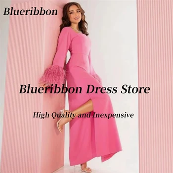 Blueribbon Розовые выпускные платья Длинные рукава Перья Роскошное вечернее платье с боковым разрезом Дубай Вечеринка Дамы носят специальные платья