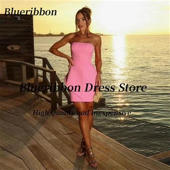 Blueribbon Розовые короткие выпускные платья Халат без бретелек на молнии сзади Коктейльное платье Мини Специальные клубные платья для вечеринок