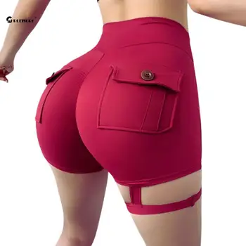 CHRLEISURE Спортивные шорты для женщин Карманные брюки для фитнеса с высокой талией Сексуальные велосипедные колготки для подтяжки ягодиц Голая спортивная одежда