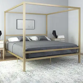 DHP Современная металлическая платформа с балдахином Каркас кровати, King, Gold