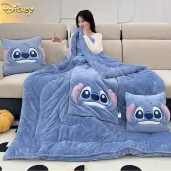 Disney Stitch Throw Pillow Одеяла Два в одном Kawaii Фланелевая подушка Утолщенное одеяло для ворса Украшение гостиной Офис
