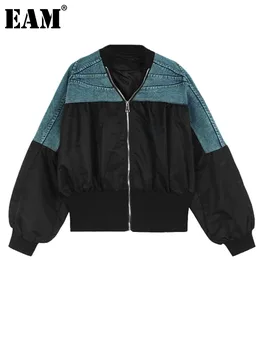 [EAM] Свободный крой Зеленый плиссированный джинсовый пиджак большого размера Новый воротник-стойка с длинным рукавом Женское пальто Мода Весна Осень 2024 1DH1381