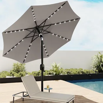 EAST OAK Зонтик для патио, 9-футовый наружный настольный зонтик 40 светодиодных солнечных фонарей и 8 ребер, 1,9-дюймовый алюминиевый столб, горный серый