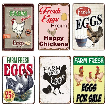 Farm Fresh Eggs Металлическая жестяная жестя Плакат Куриное яйцо Шебби Шик Жестяные знаки Металлическая тарелка 20x30 см