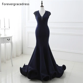 Forevergracedress Реальные фотографии Длинное темно-синее вечернее платье Элегантное вечернее платье с V-образным вырезом и открытой спиной Вечернее платье Большие размеры на заказ