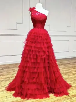 Funyue Красные кружевные платья на одно плечо Выпускные платья Длинные А-силуэт Тюль Многоуровневое Формальное вечернее свадебное платье Vestidos Para Mujer
